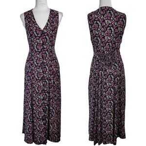 Y2K Jamie Brooke Boho Floral Print Midi Shirt Dress Size L M Button Front Casual